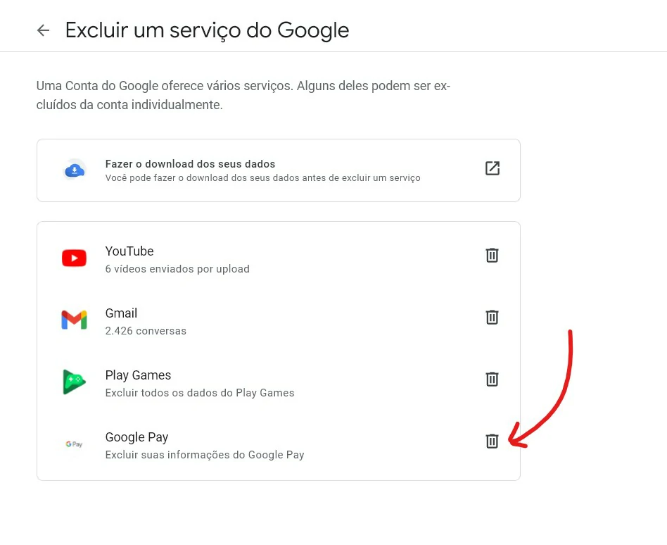 Clique na lixeira ao lado do app - Como excluir conta no Google Pay