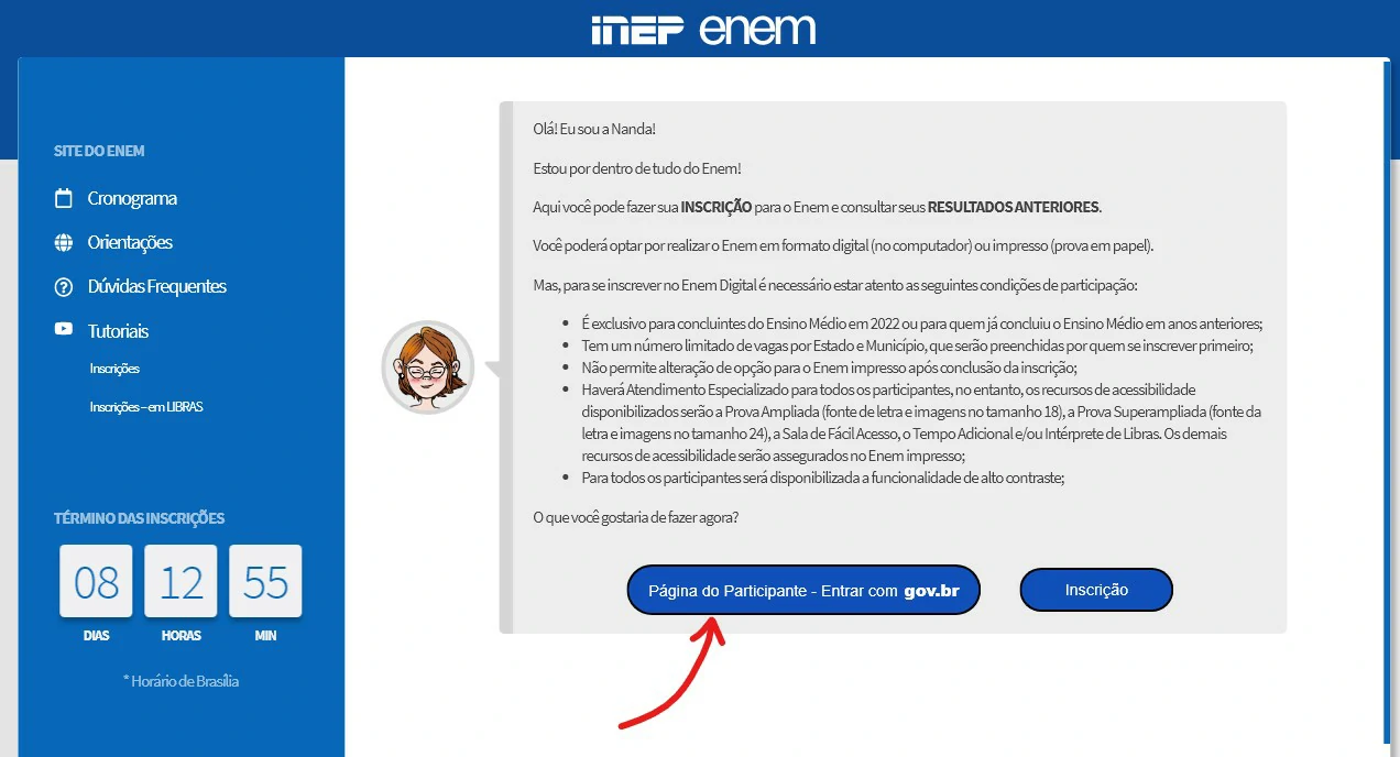 Clique no botão azul - Como se inscrever no Enem online
