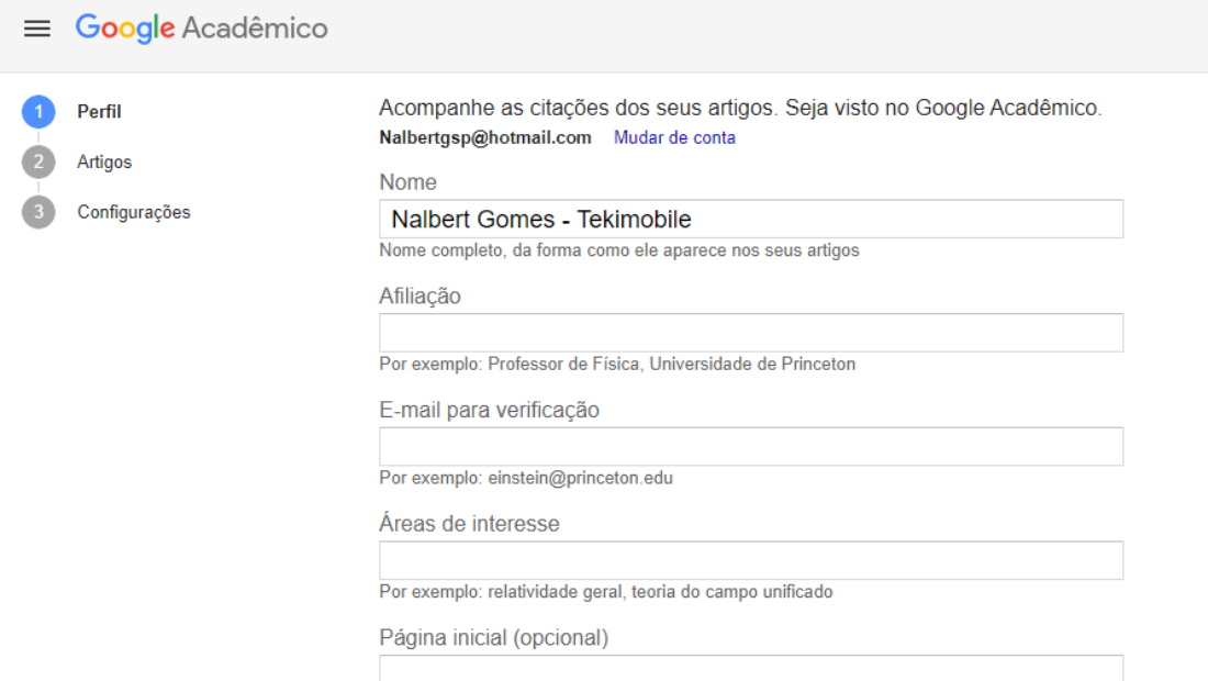 Configure seu perfil no Google Acadêmico