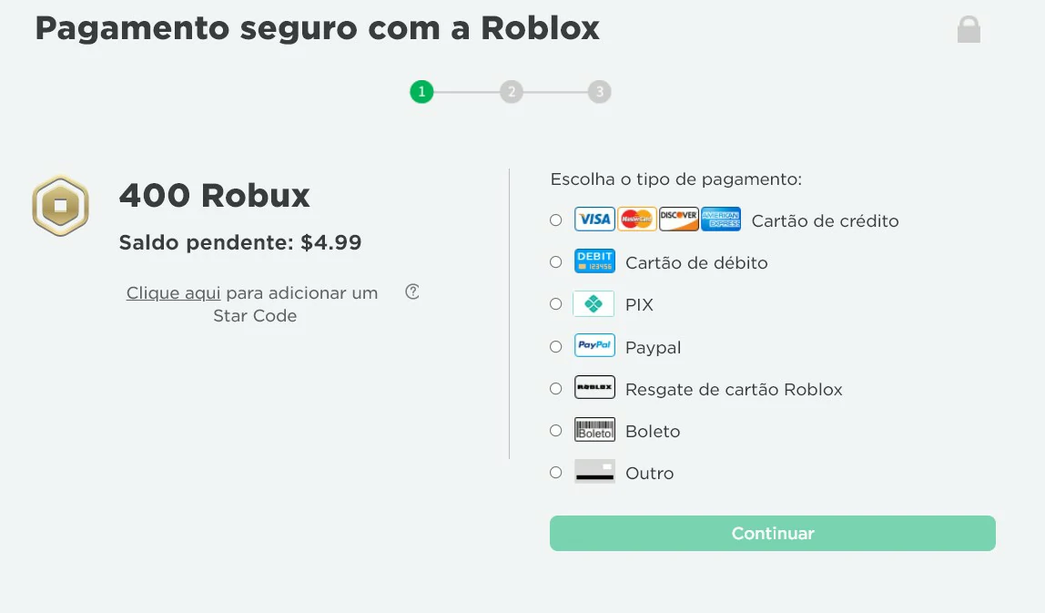 Selecione uma das opções para pagar pelos seus Robux - Como comprar Robux no Roblox.