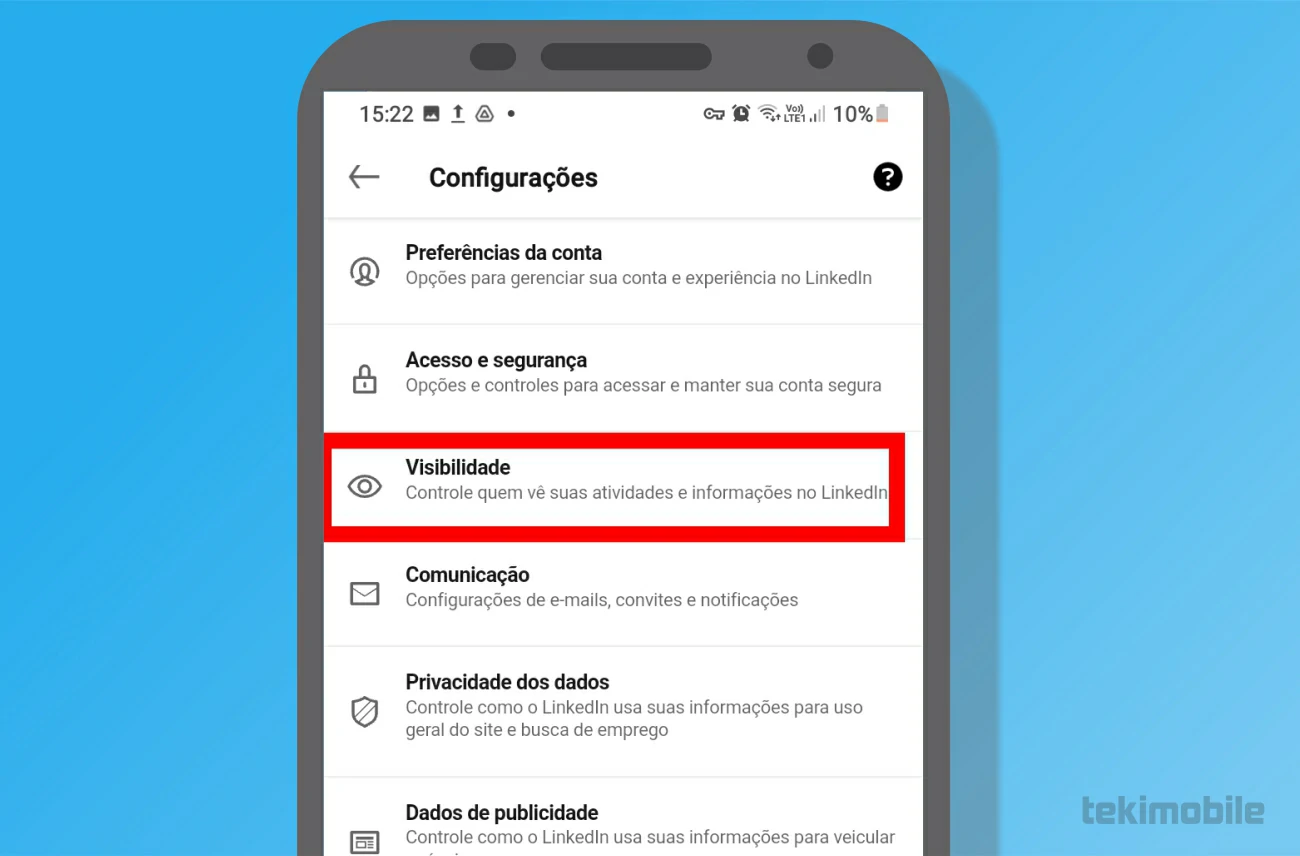 Toque em visibilidade - Como compartilhar link do perfil do Linkedin