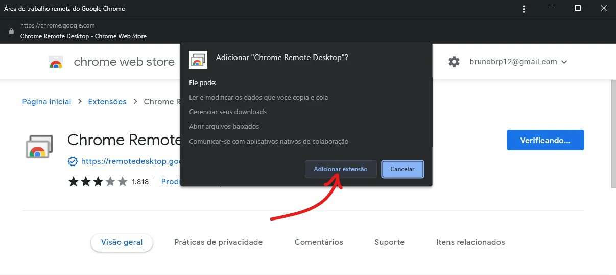 clique em Adicionar extensão - Como configurar Chrome remote Desktop