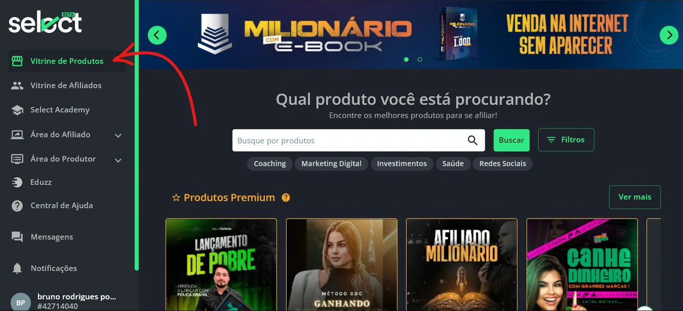 clique em vitrine de produtos - Como vender no Eduzz