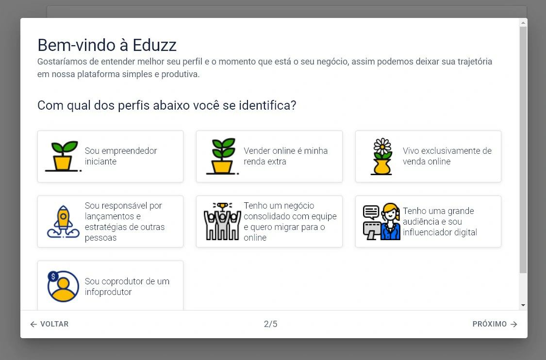 selecione o seu perfil - Como vender no Eduzz