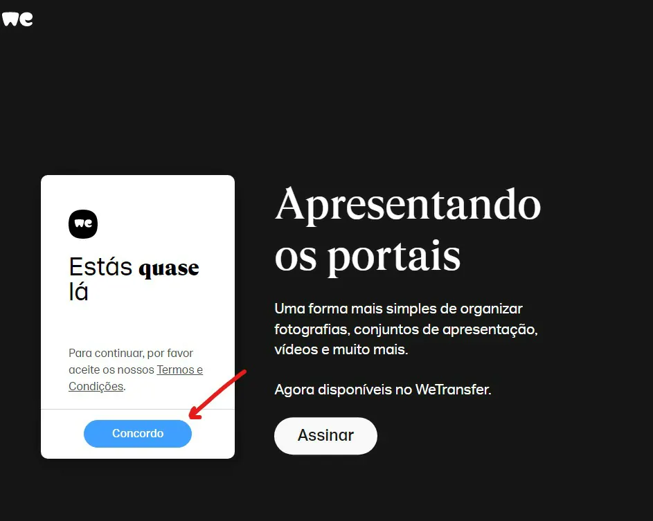 Clique em Concordo - Como usar o WeTransfer para enviar arquivos