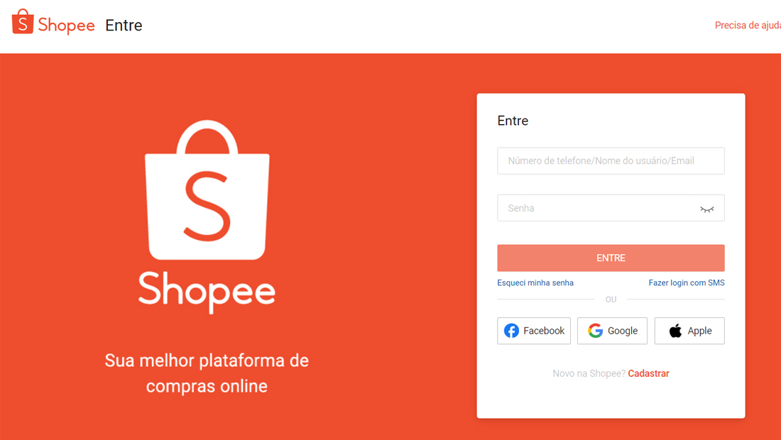 Faça login no site da Shopee ou no aplicativo