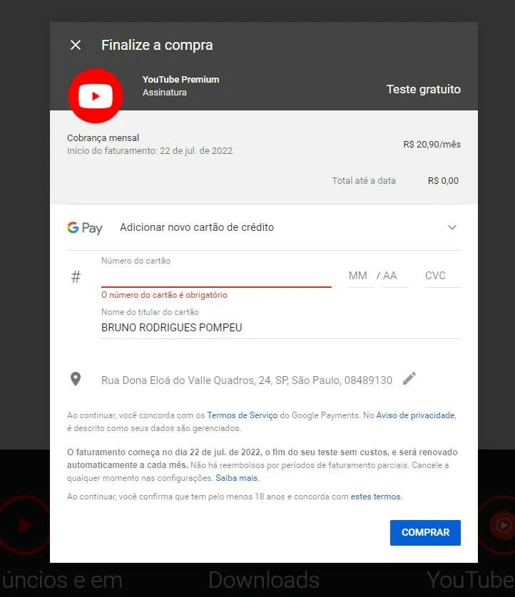 Insira as informações de pagamento - Como assinar o Youtube Premium [tirar anúncios]