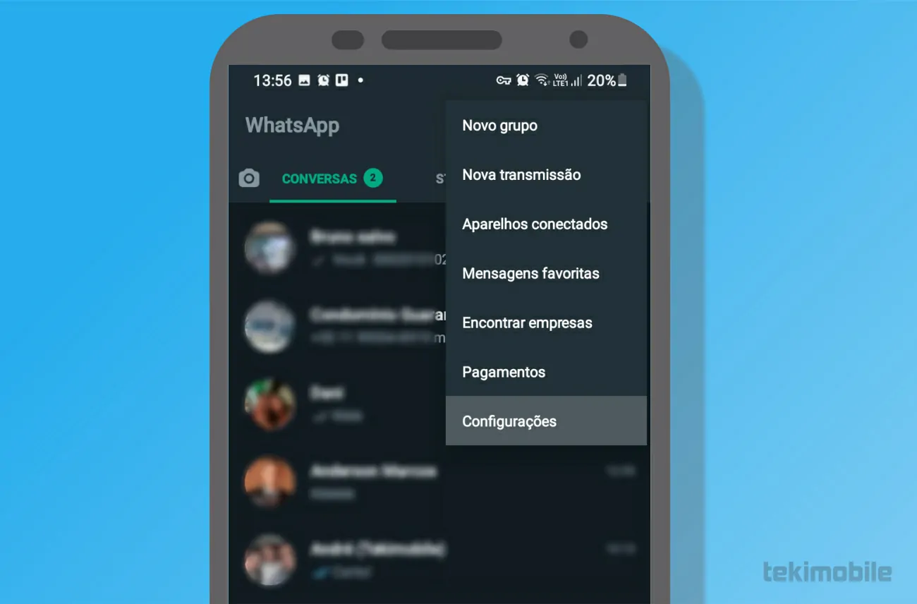 Selecione Configurações - Como usar os recados para WhatsApp