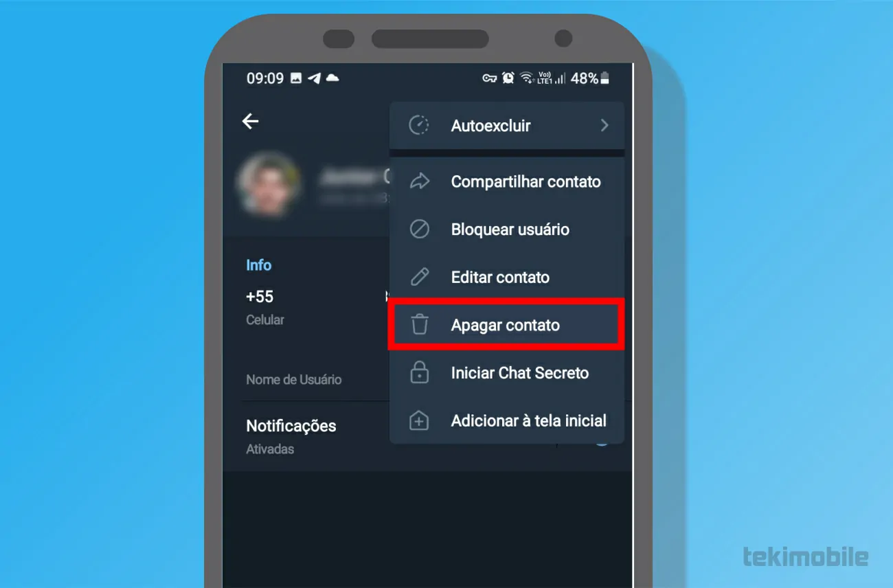 Toque em Apagar contato - Como adicionar e apagar contatos no Telegram