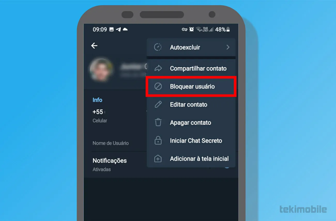 Toque em Bloquear usuário - Como adicionar e apagar contatos no Telegram