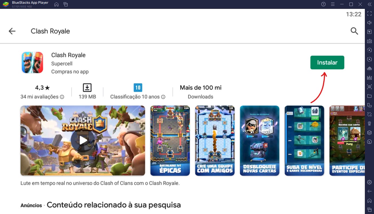 Toque em Instalar - Como jogar Clash Royale no PC