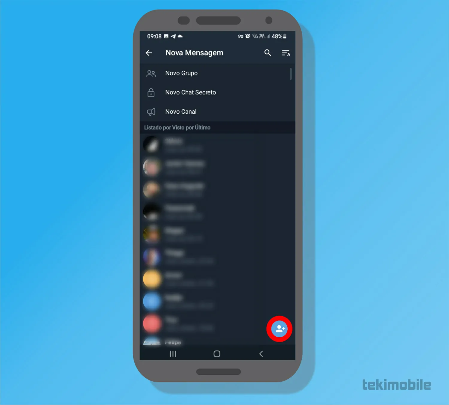 Toque no ícone de adicionar contatos - Como adicionar e apagar contatos no Telegram