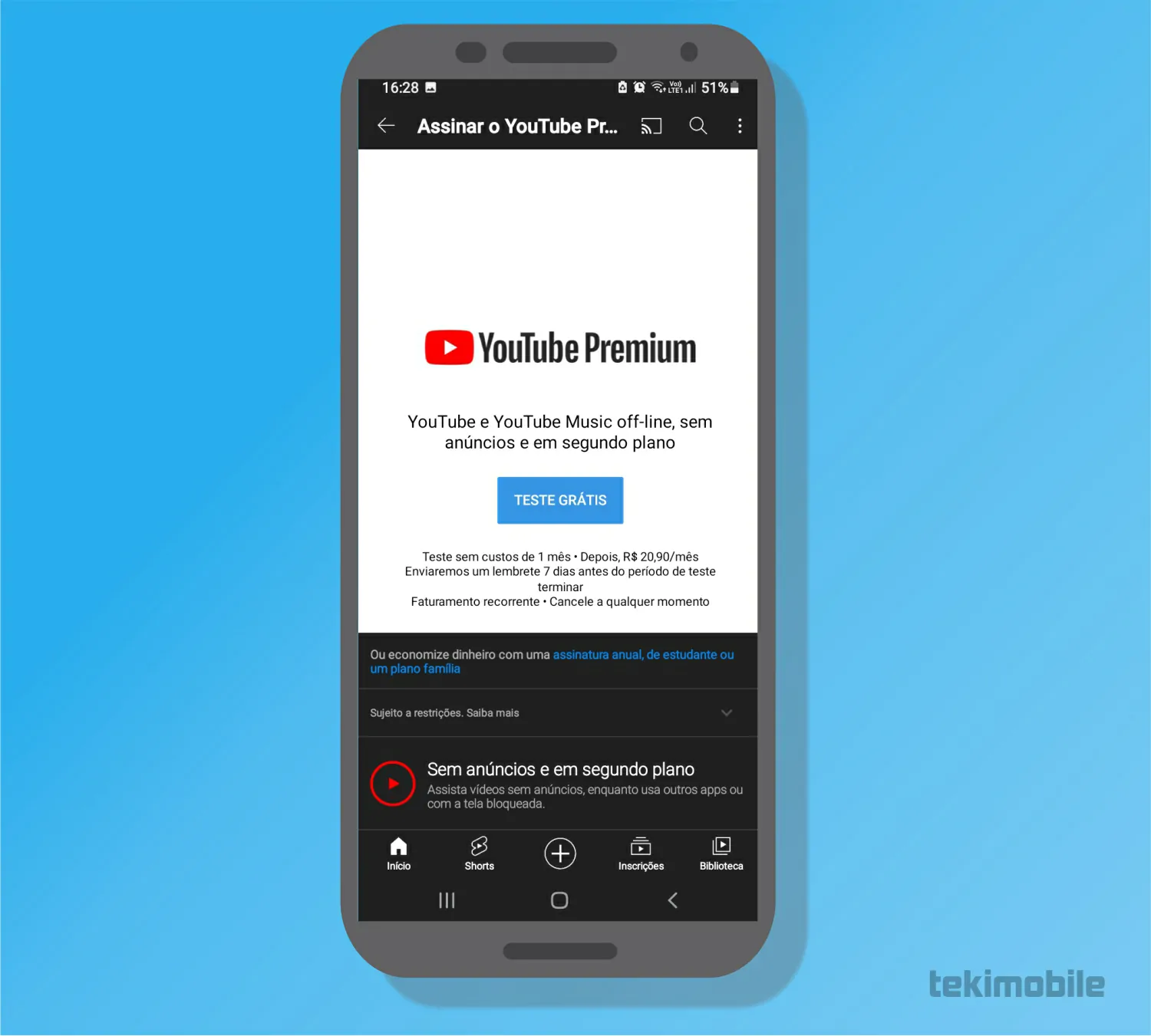 Toque sobre Teste Grátis - Como assinar o Youtube Premium [tirar anúncios]