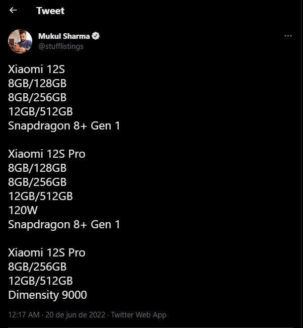 O Tweet de Mukul Sharma nos traz informações do futuro modelo da marca chinesa - Xiaomi 12S e 12S Pro podem estar chegando com até 12 GB de RAM