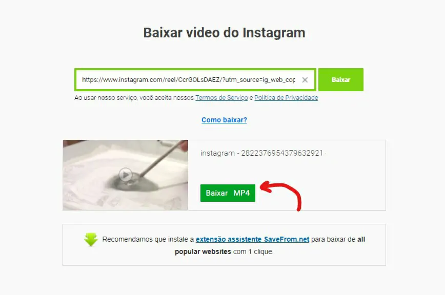 Clique em Baixar MP4 - Como usar o Savefrom para baixar vídeos do Instagram