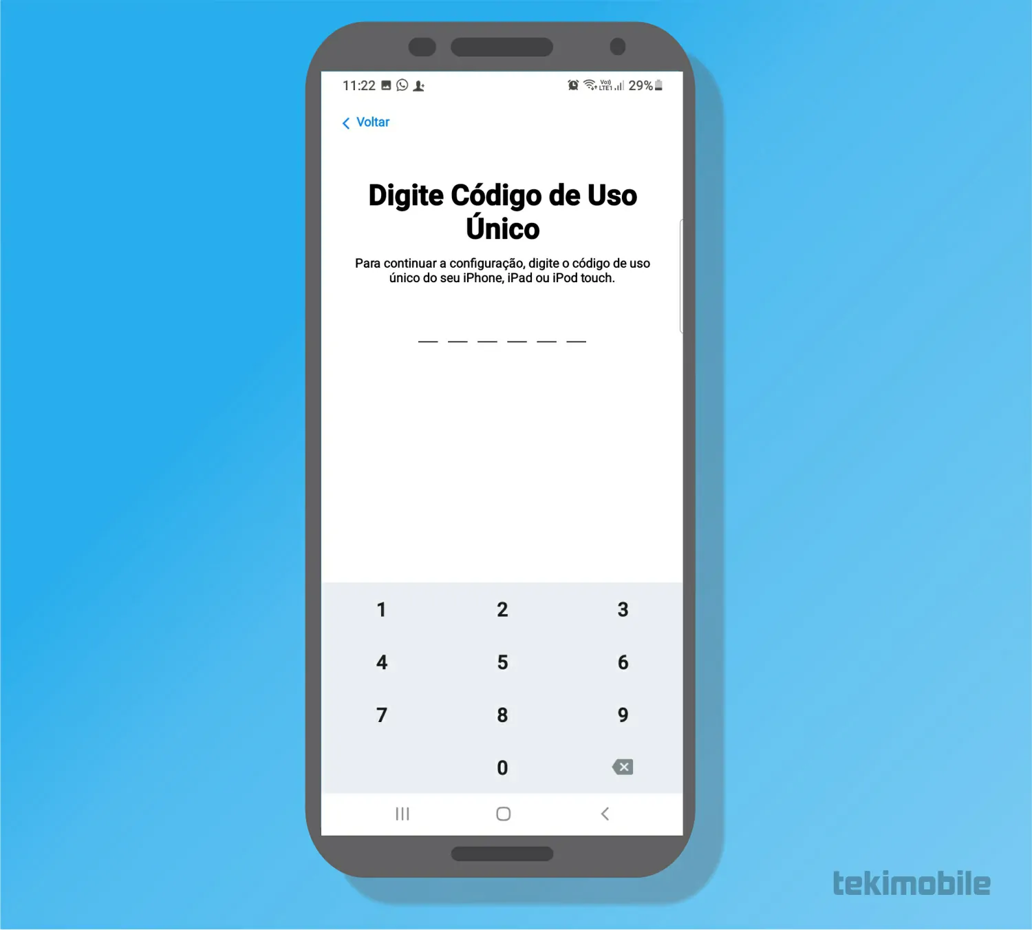 Digite o código de uso - Como passar tudo do Android para o iPhone