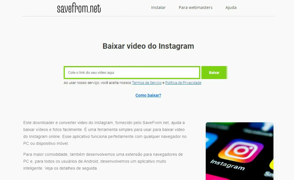 Entre no site e cole o link na barra - Como usar o Savefrom para baixar vídeos do Instagram