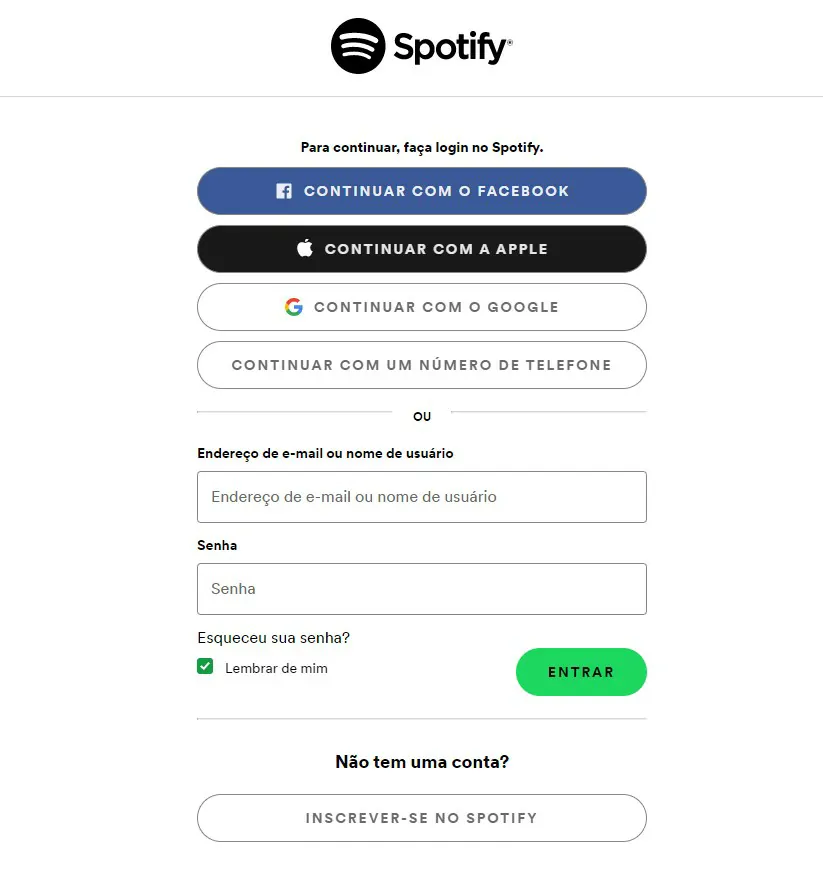 Escolha uma das formas de login que estejam relacionadas a sua conta Spotify - Como ver seu Iceberg no Spotify