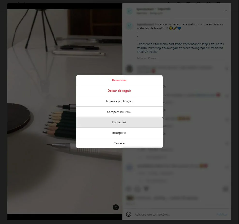 Selecione a opção copiar link - Como usar o Savefrom para baixar vídeos do Instagram