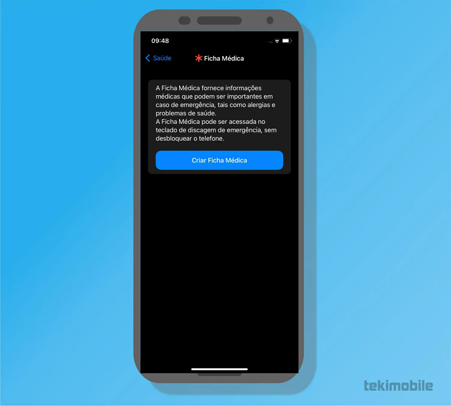Toque em criar ficha - Como configurar contatos de emergencia no iPhone