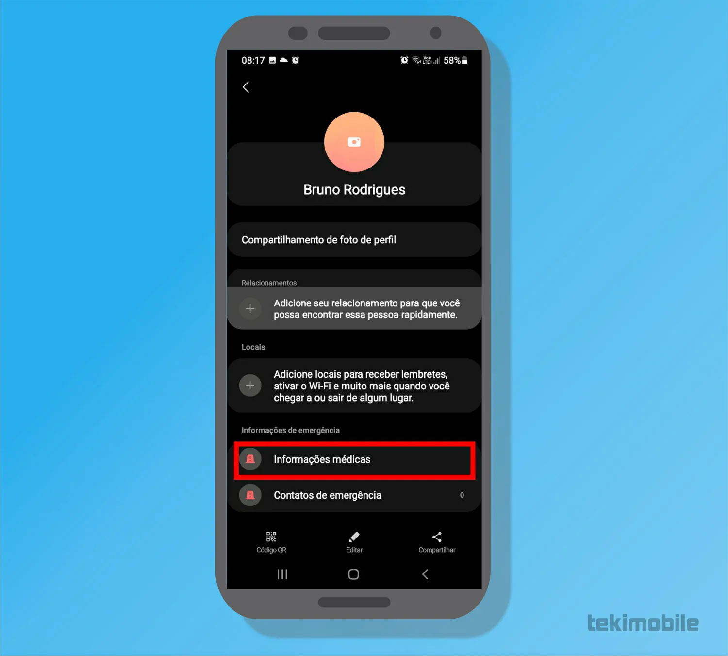 Toque sobre seu Adicionar infomações médicas - Como adicionar contatos de emergência no Android