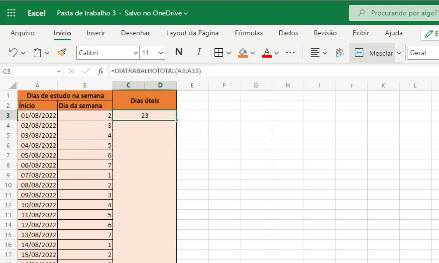Resultado - Como calcular dias úteis no Excel