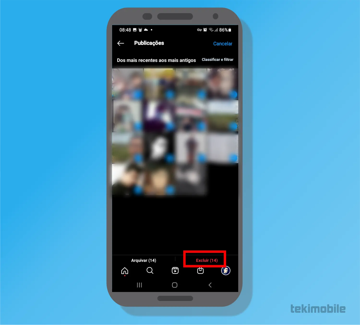 Selecione as fotos e toque sobre a opção Excluir - Como deletar todas fotos do Instagram