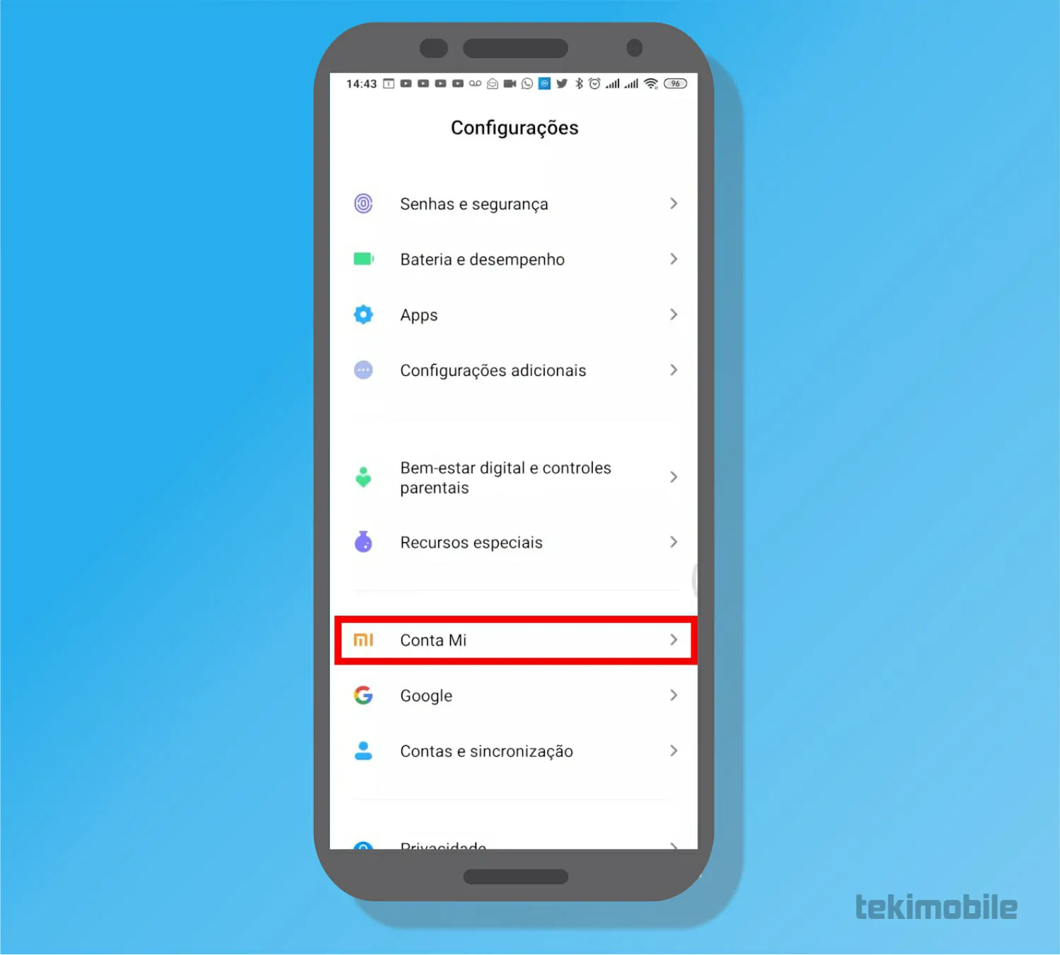 Toque em Conta Mi - Como criar conta Mi em celulares Xiaomi e ativar serviços