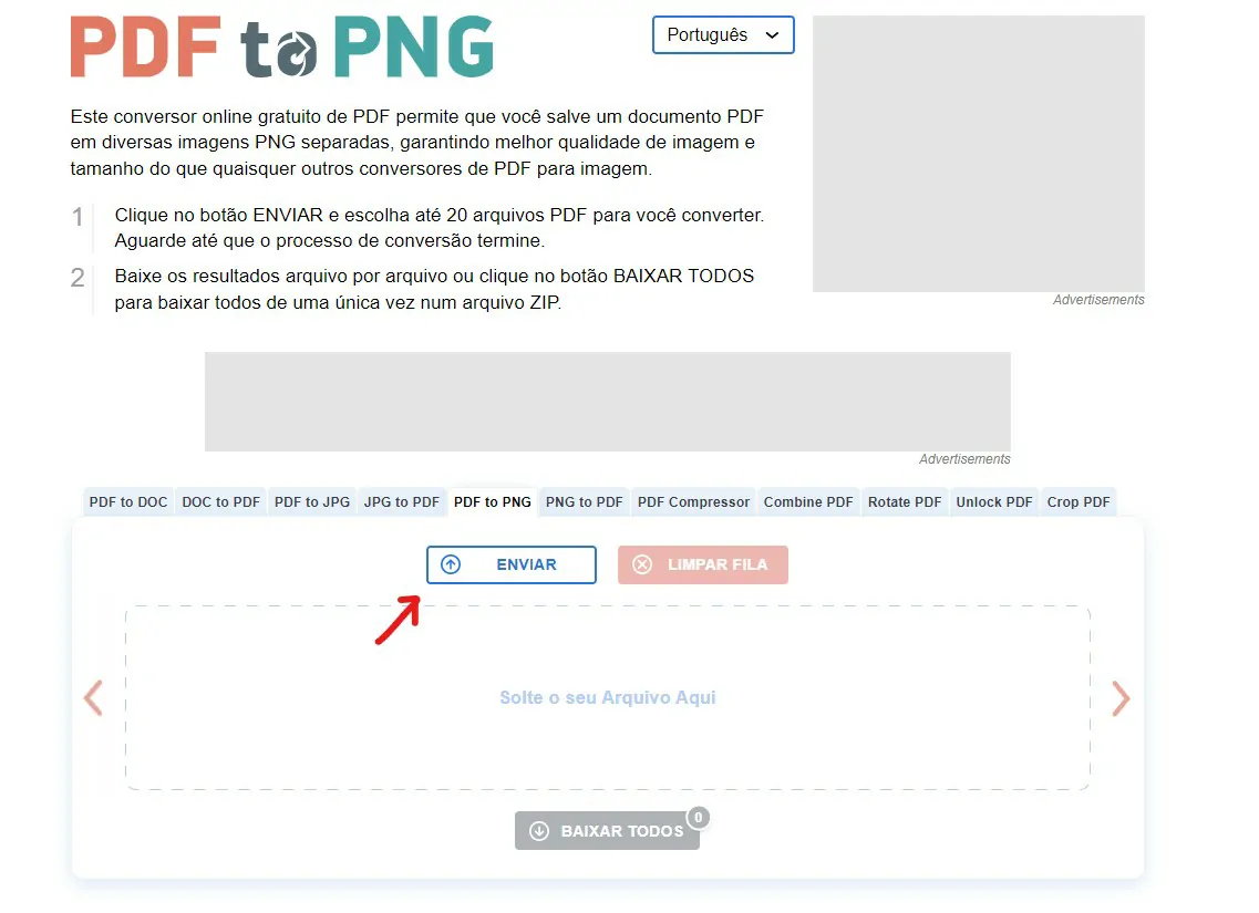 Clique em Enviar - Como converter PDF para PNG