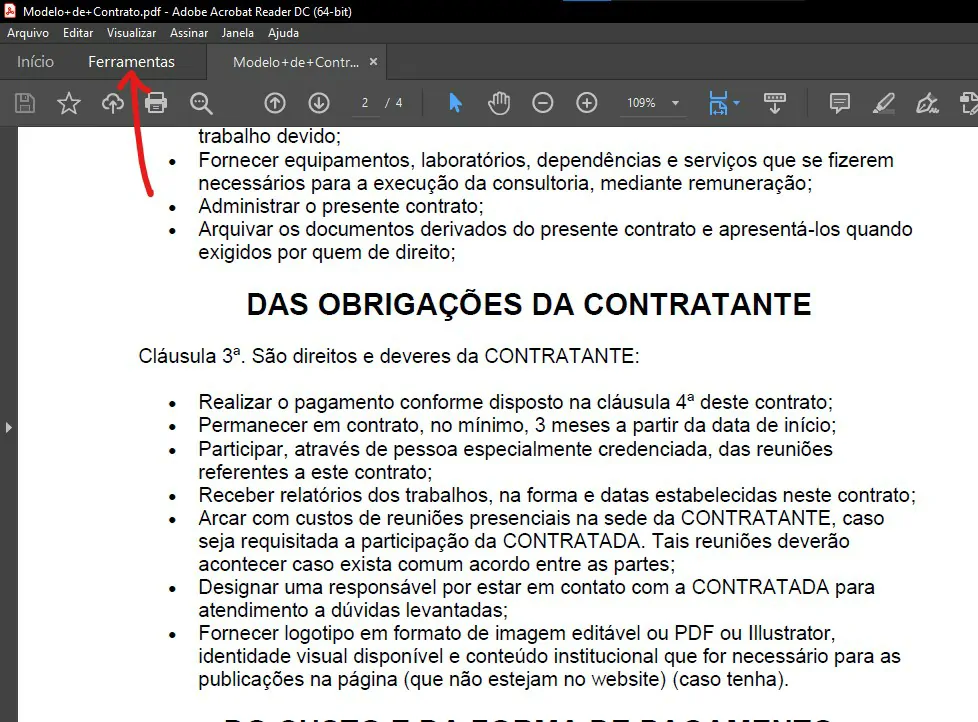 Clique em Ferramentas - Como assinar PDF com certificado digital