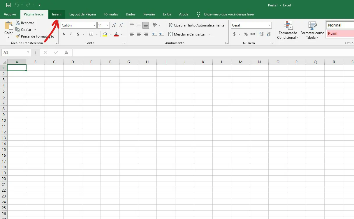 Clique sobre a opção de Inserir no Excel - Como colocar imagens no Word e Excel