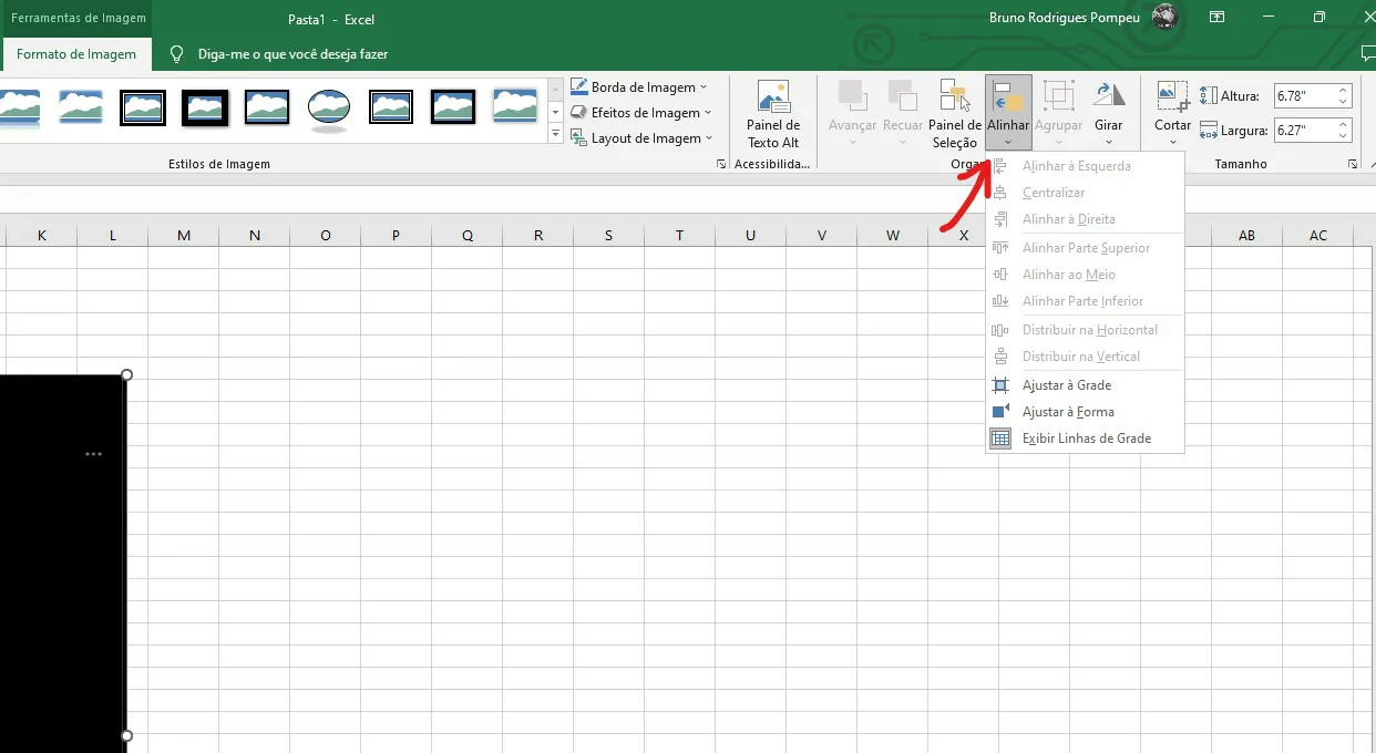 Clique sobre a opção de alinhas a imagens no Excel - Como colocar imagens no Word e Excel