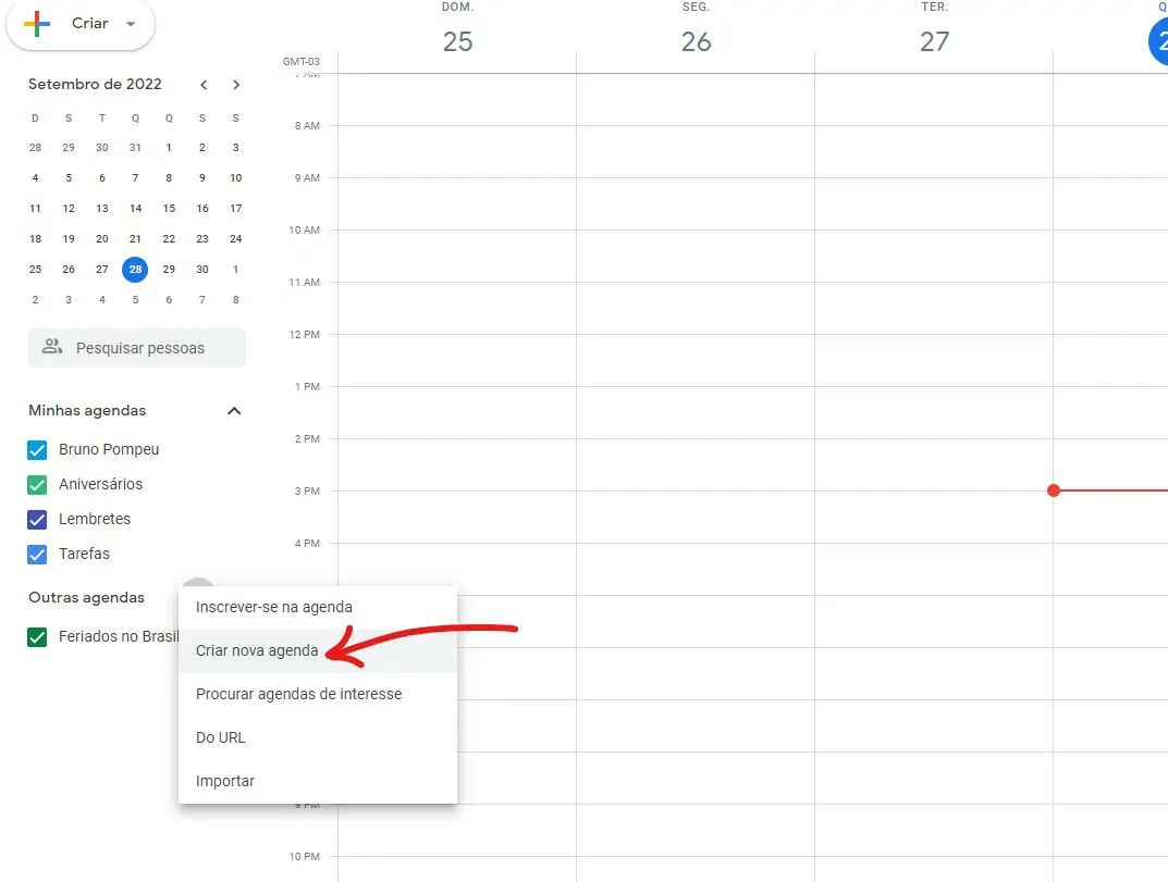 Clique sobre criar uma agenda - Como agendar jogos da Copa do Mundo no Google Agenda e Calendario do iOS
