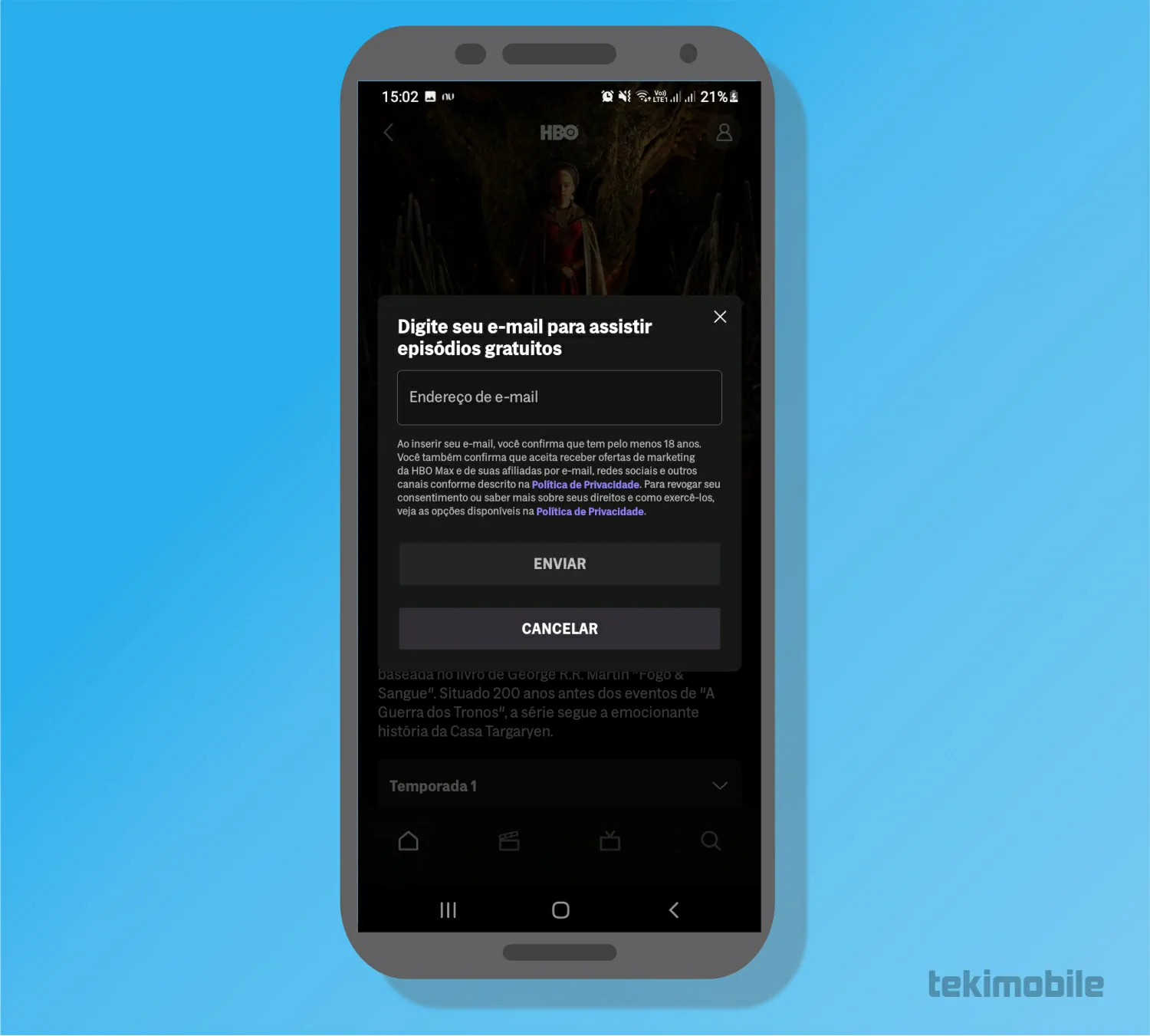 Insira o seu email - Como assistir HBO Max de graça