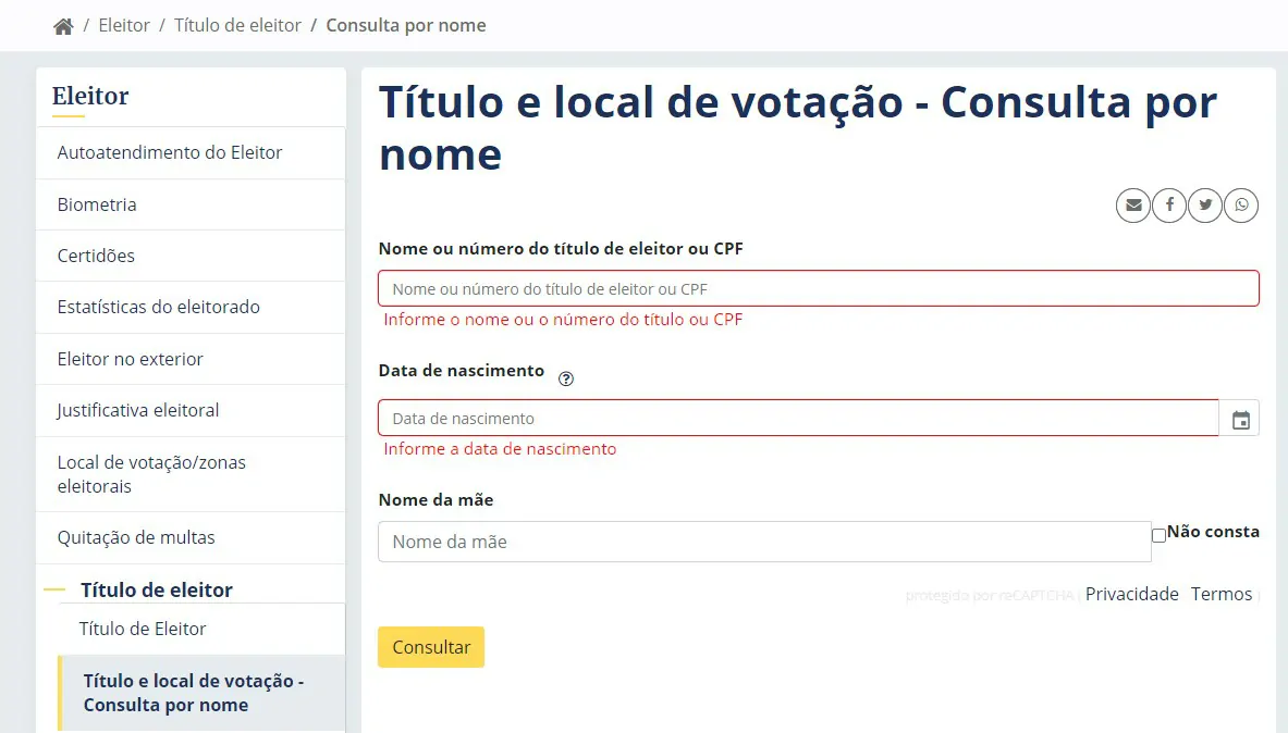 Preencha o formulário - Como saber minha seção eleitoral pela internet