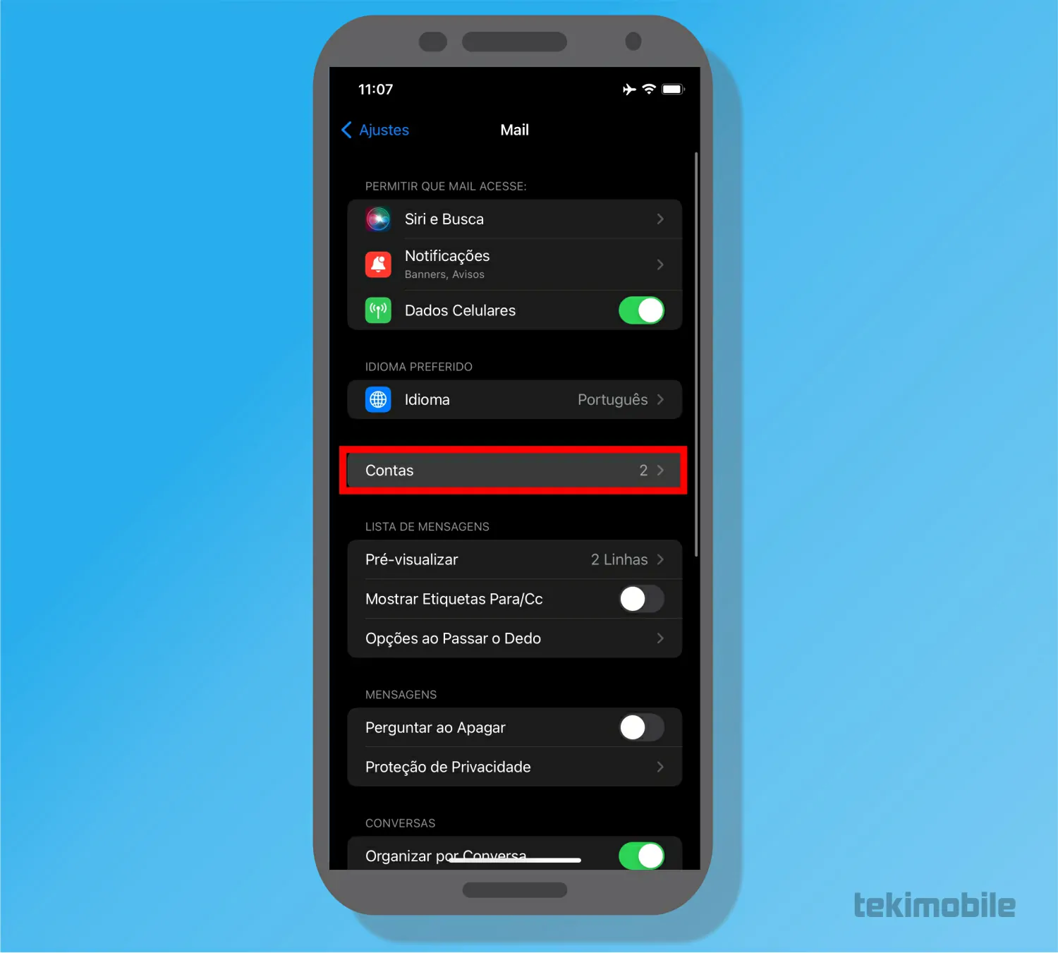 Selecione Contas - Como configurar e-mails no iPhone (Gmail, outlook e outros)