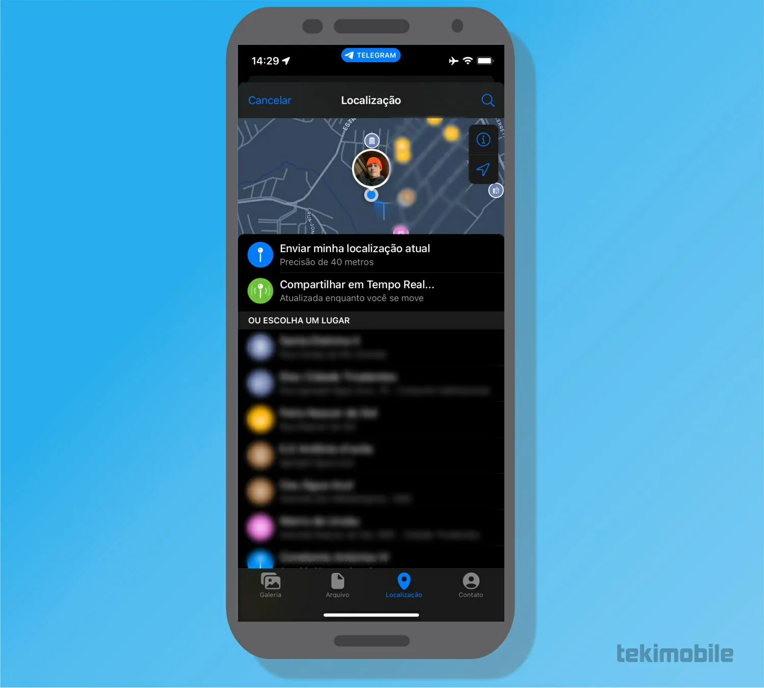 Toque sobre uma das opções de localização - Como compartilhar sua localização no Telegram