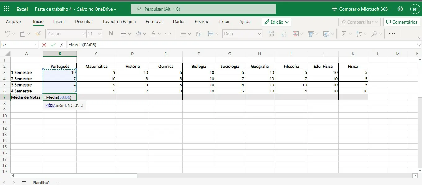 Clique sobre a primeira cédula para adicionar em média - Como calcular media aritmética no Excel