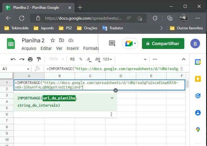 Digite as aspas - Como linkar uma planilha em outra no Google Planilhas