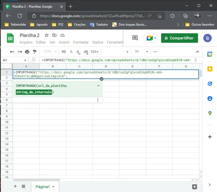 Digite ponto e virgula para entrar no intervalo de dados - Como linkar uma planilha em outra no Google Planilhas