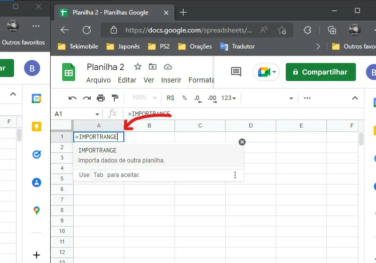 Entre com o comando - Como linkar uma planilha em outra no Google Planilhas