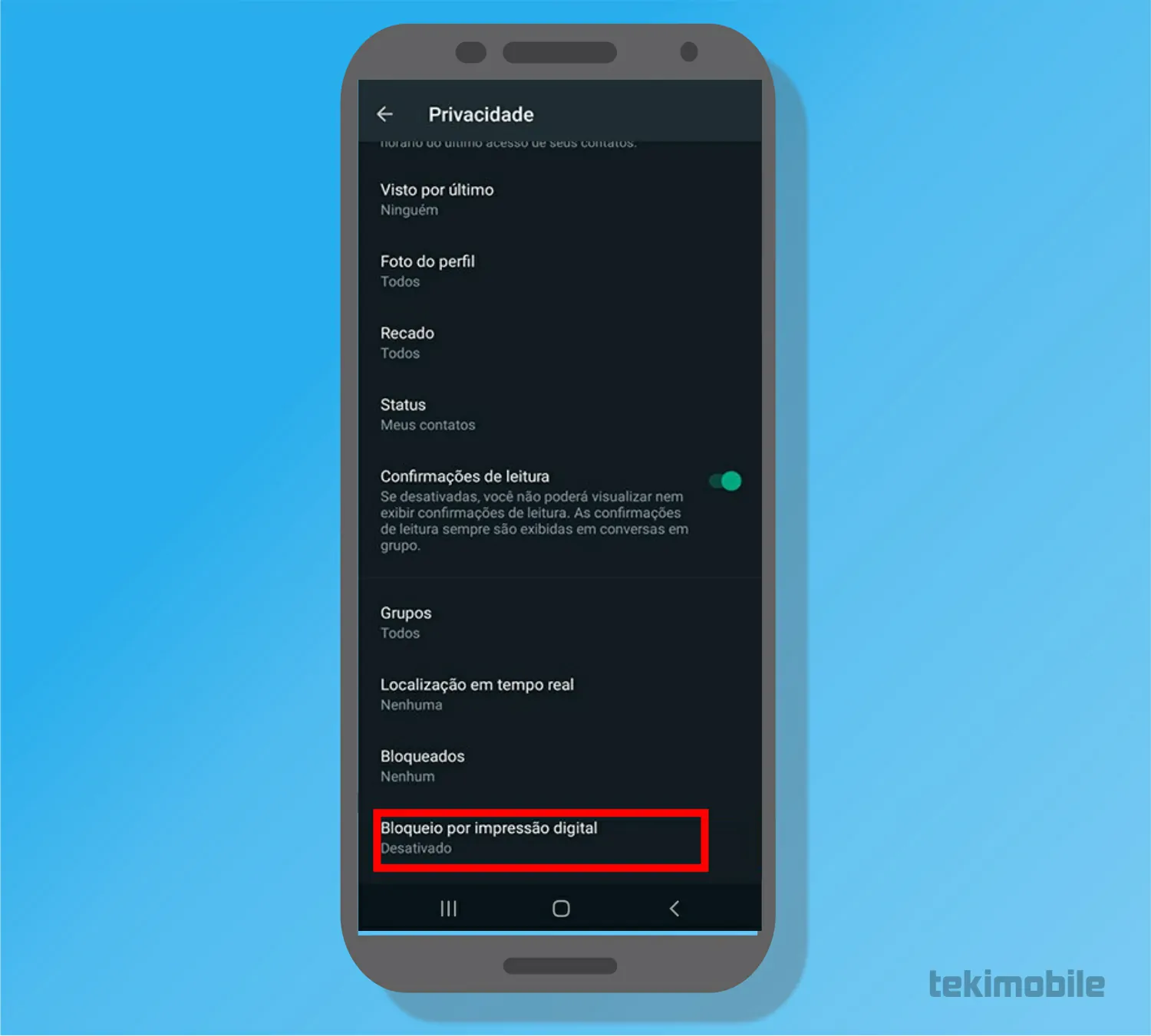 Toque em Bloqueio - Como cadastrar impressão digital no WhatsApp