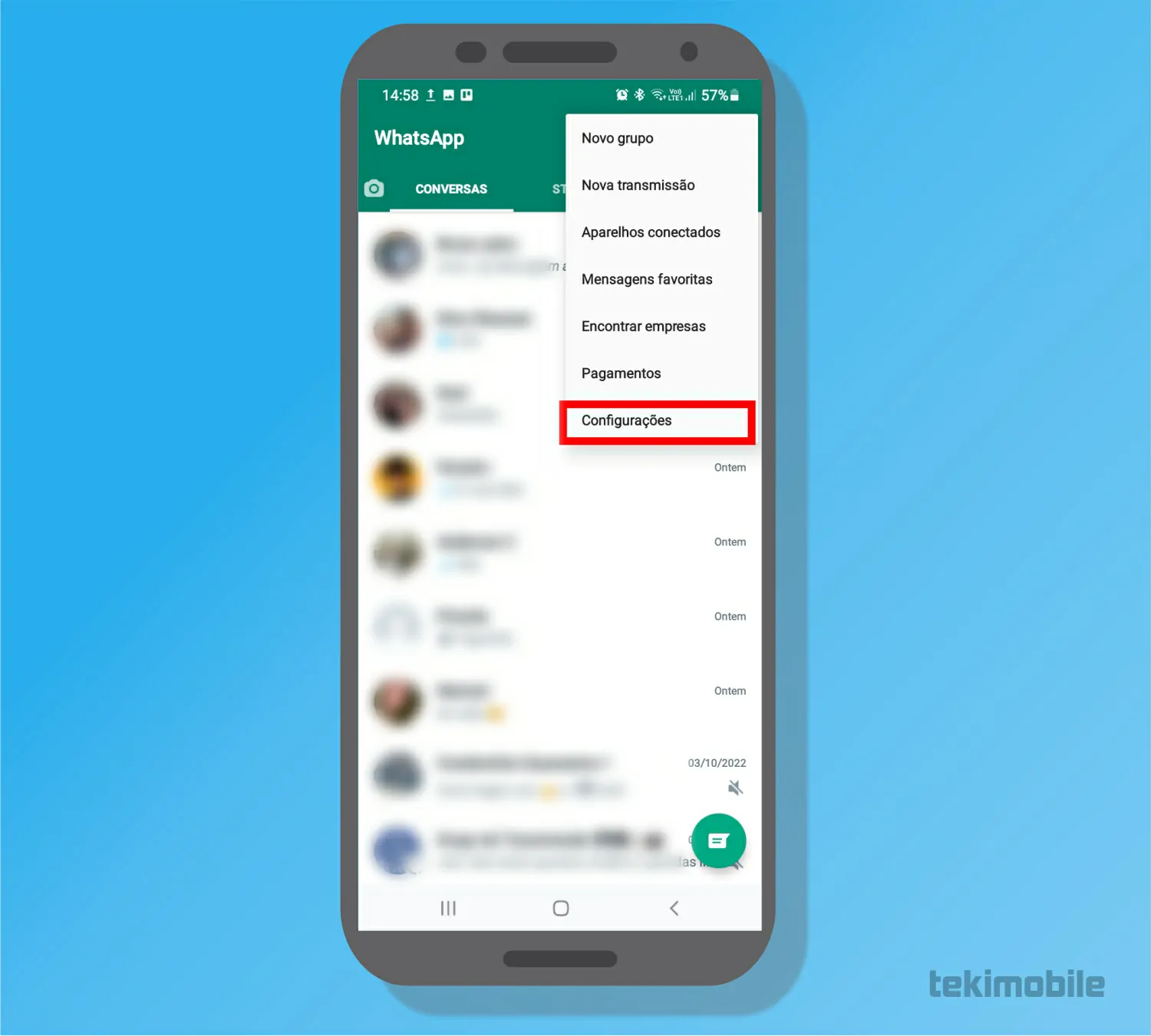 Toque em Configurações- Como não aparecer online no WhatsApp