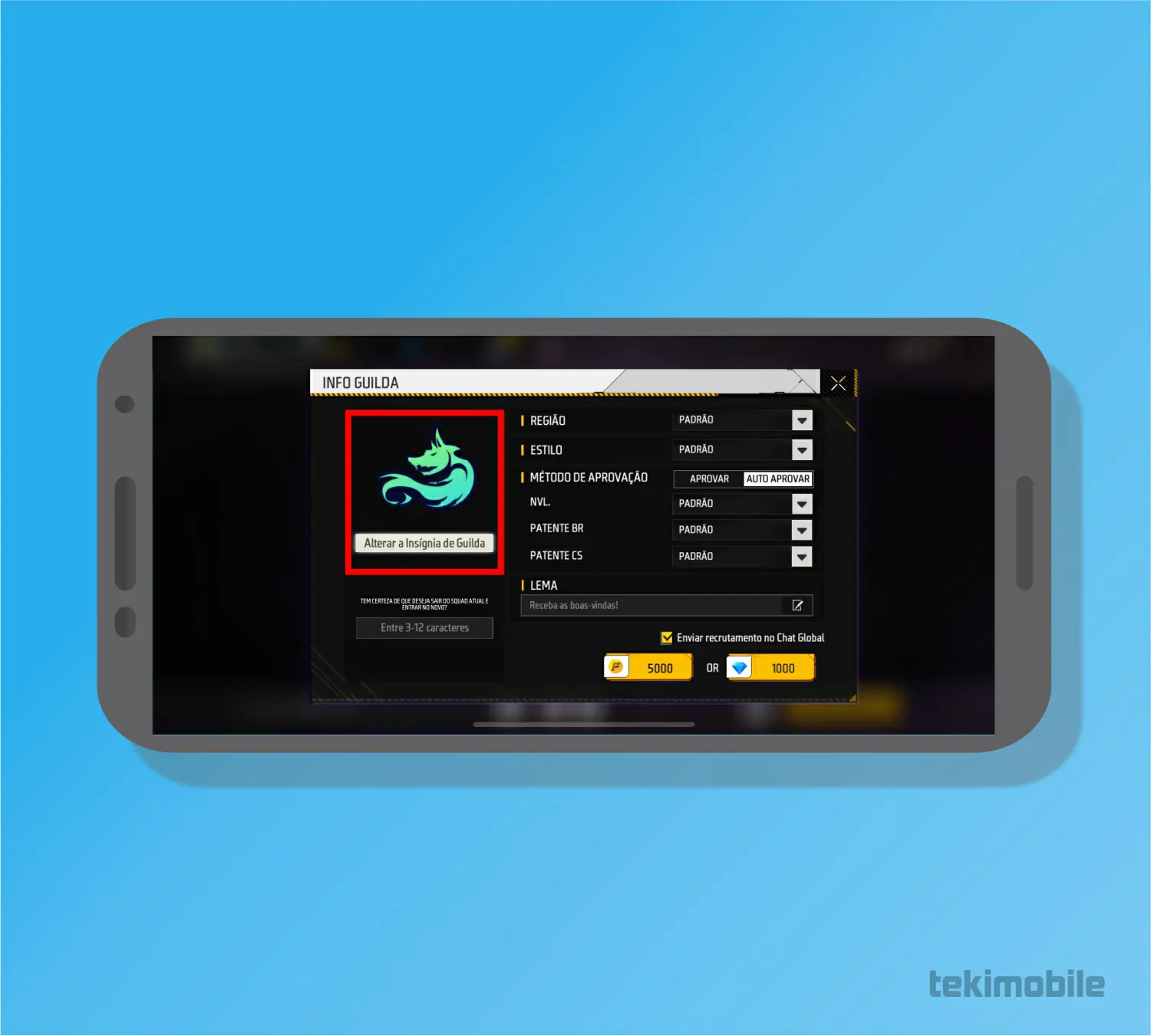 Toque sobre o ícone para alterar a insigna- Como criar Guilda no Free Fire