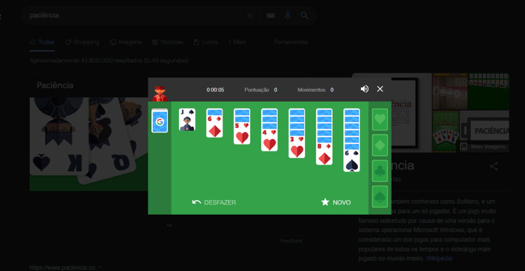 Como jogar paciência no Google e outros jogos 1