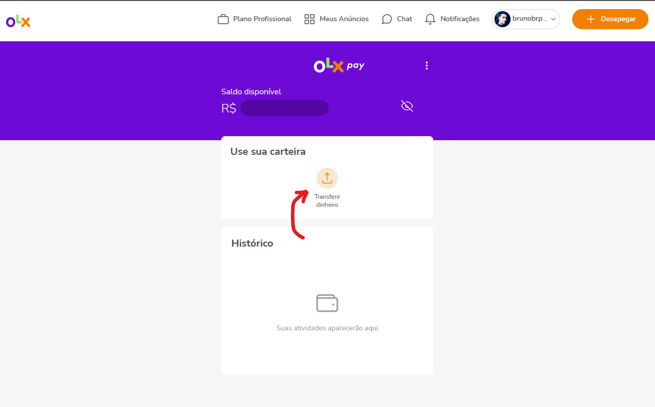 Clique sobre Transferir dinheiro - Como funciona o OLX pay