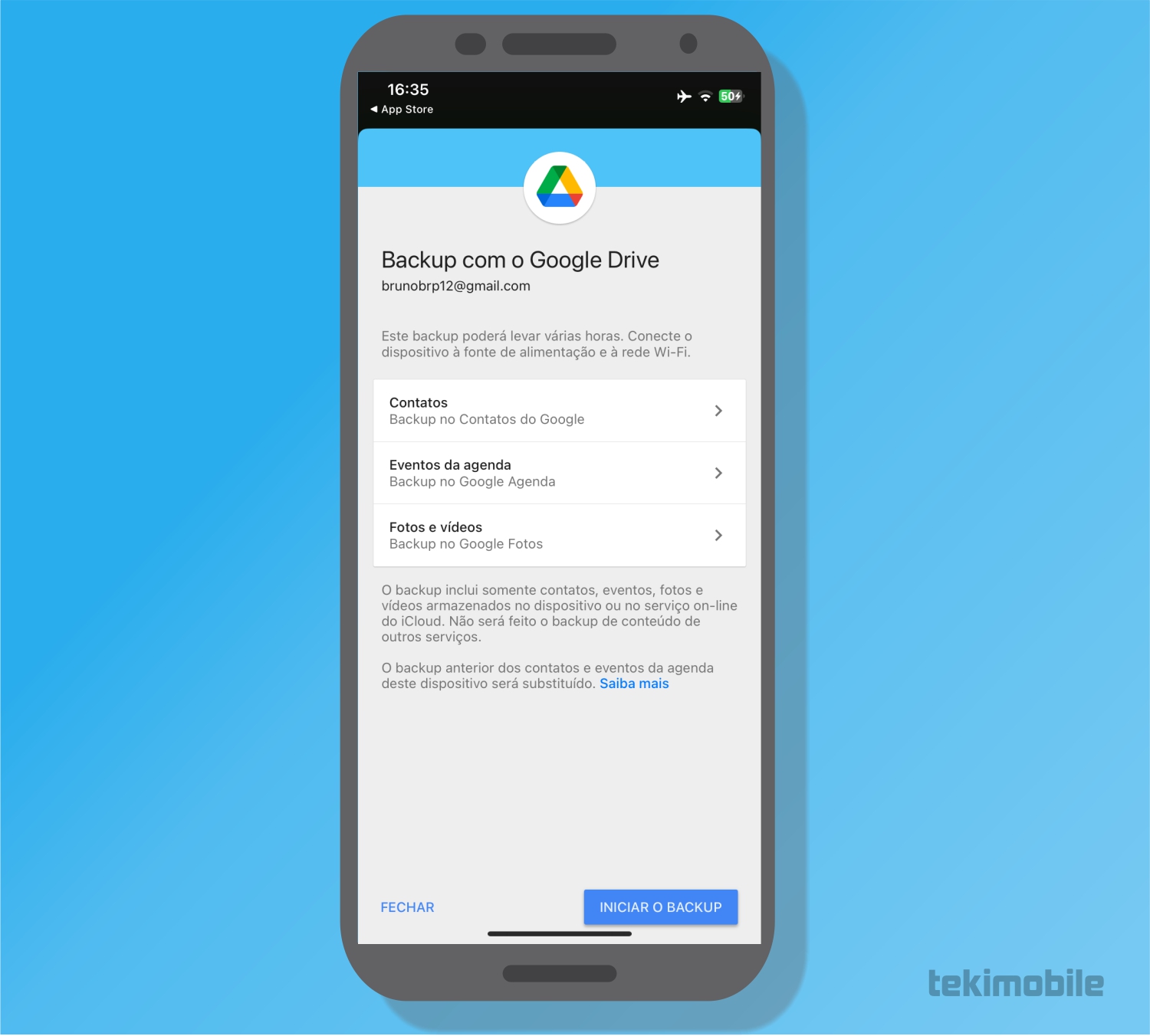Toque em Iniciar o Backup - Como fazer backup do iPhone no Google Drive