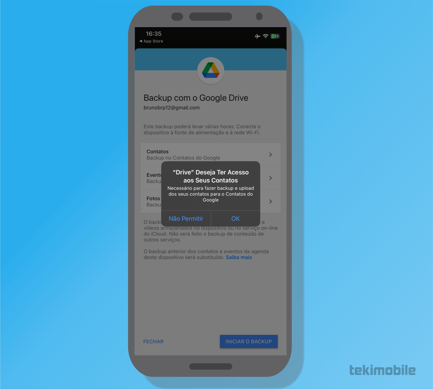 Toque em OK - Como fazer backup do iPhone no Google Drive