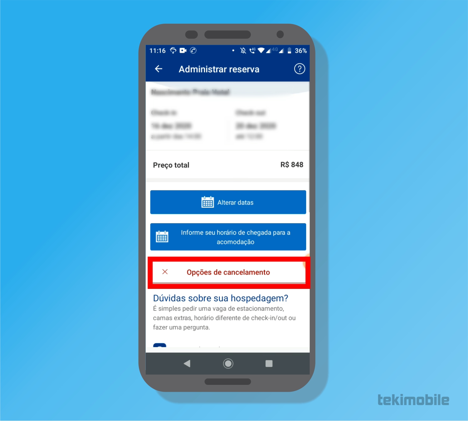 Toque em opções de cancelamento - Como cancelar reserva no Booking