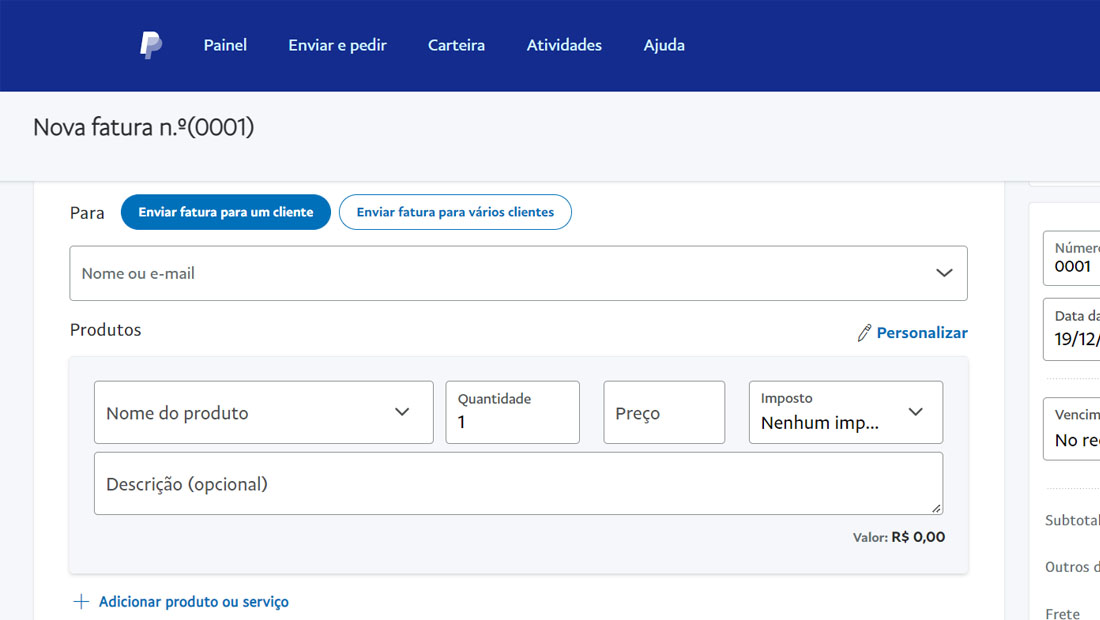 criando a fatura no paypal